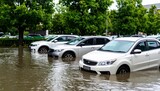災害。洪水で水没した自動車。（Disaster. Cars submerged in flood waters.）
