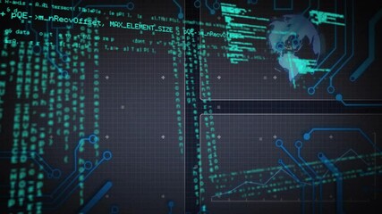 Poster - At start, digital interface streaming code, merging panels and tracing globe to visualize data flow