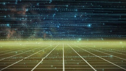 Poster - Opening grid plane centering on pulsing horizon glow as particles drifting and data lines scrolling