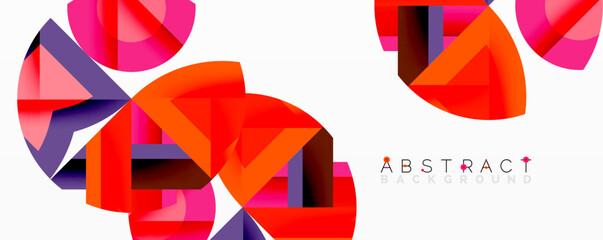 Poster - Geometric shapes overlap, creating vibrant abstract composition. Red, pink, purple hues dominate white background. Modern design element.