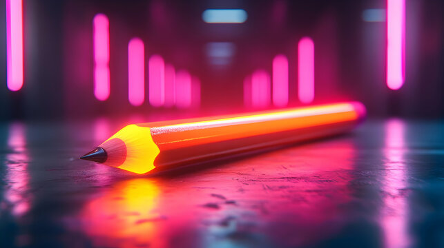 Glowing Neon Pencil on Reflective Surface