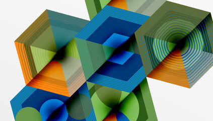 Poster - Abstract geometric composition. Overlapping shapes create dynamic visual effect. Lines, colors blend, forming complex pattern.