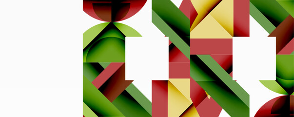 Poster - Abstract geometric shapes overlap, creating vibrant patterns. Red, green, yellow hues dominate design. Clean white space balances composition.