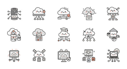 Poster - Vector Icons Set of Whimsical Cloud Computing Icons Representing Data AI and Technology. Vector Illustrations