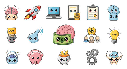 Poster - Vector Icons Set of Whimsical Kawaii Icons Representing Ideas Finance Technology and Innovation. Vector Illustrations