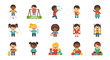 © BUDENGRMX - Vector Icons Set of Diverse Cartoon Children Playing with Toys and Engaging in Various Activities. Vector Illustrations