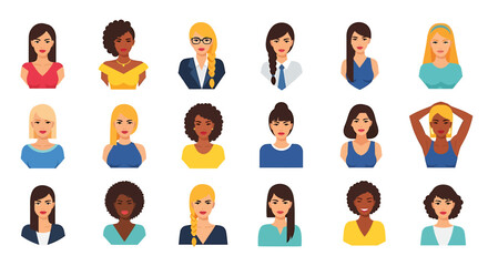 Poster - Vector Icons Set of Diverse Female Portraits in Various Styles and Attire. Vector Illustrations