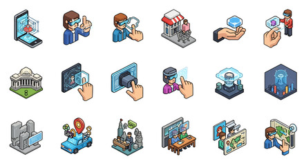 Poster - Vector Icons Set of Diverse Futuristic Interactions with Virtual Reality. Vector Illustrations