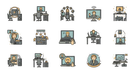 Poster - Vector Icons Set of Diverse Online Meeting Icons Video Conferencing Illustrations. Vector Illustrations