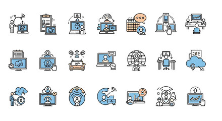 Poster - Vector Icons Set of Diverse set of remote work and online communication icons with outline style. Vector Illustrations