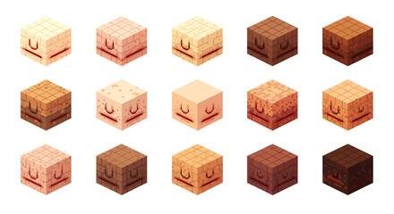 Poster - Vector Icons Set of Fifteen Pixelated Cubes with Smiling Faces and Varied Skin Tones. Vector Illustrations