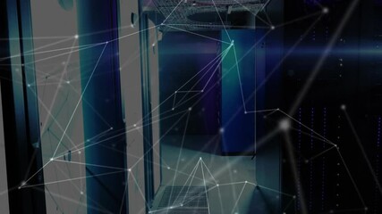 Poster - White lines and glowing nodes appearing over server racks forming pulsing overlay showing data flow