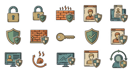 Poster - Vector Icons Set of Illustrated Icons Representing Digital Security Protection and Data Privacy. Vector Illustrations