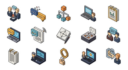Poster - Vector Icons Set of Isometric Business Communication and Data Analysis Icons Set. Vector Illustrations