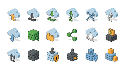 Poster - Vector Icons Set of Isometric Cloud Computing Icons Representing Data Storage and Transfer. Vector Illustrations