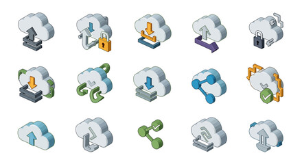 Poster - Vector Icons Set of Isometric Cloud Computing Icons Upload Download Share Secure Data Transfer. Vector Illustrations