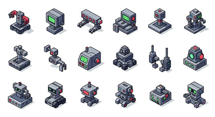 Poster - Vector Icons Set of Isometric Collection of Retro Futuristic Robots and Robotic Arms. Vector Illustrations