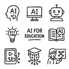 Poster - A set of doodle line icons illustrating artificial intelligence in education, including e-learning, robotics, and digital learning tools