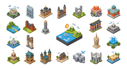 Poster - Vector Icons Set of Isometric Pixel Art Collection of Diverse Architectural Structures and Landmarks. Vector Illustrations