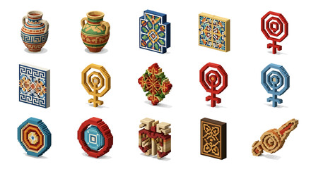 Poster - Vector Icons Set of Isometric Pixelated Ancient Artifacts and Decorative Designs with Unique Patterns. Vector Illustrations