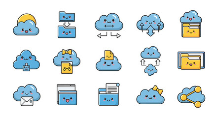 Poster - Vector Icons Set of Kawaii Cloud Computing Icons Data Transfer and Storage. Vector Illustrations