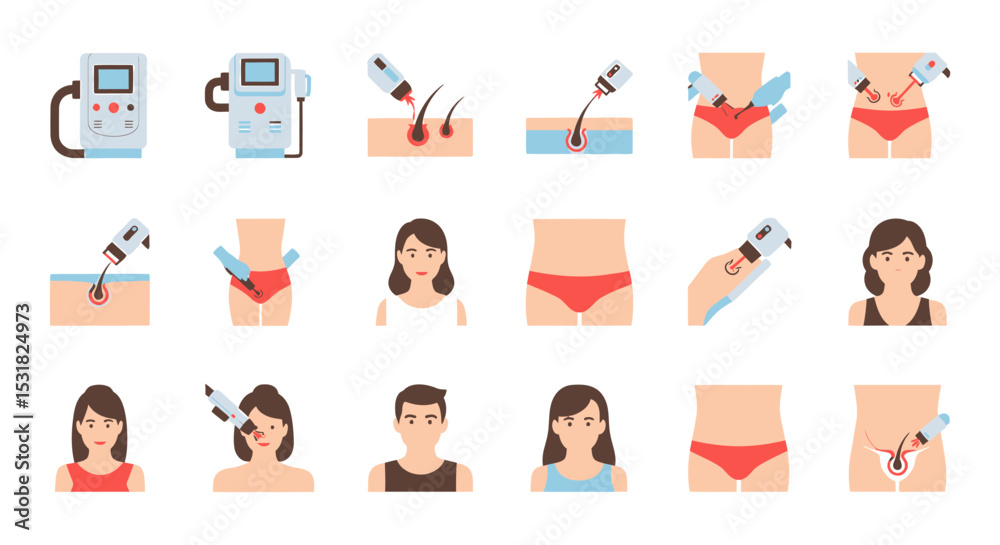Vector Icons Set of Laser Hair Removal Process Illustrated Guide for Men and Women. Vector Illustrations