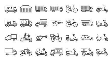 Poster - Vector Icons Set of Outlined Delivery Vehicles and Transportation Icons for Logistics and Shipping. Vector Illustrations
