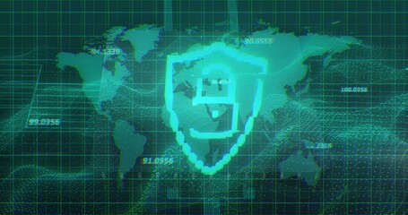 Poster - Data waves flowing over map sparking shield forming and lock emerging for protection