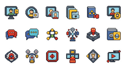Fototapete - Vector Icons Set of Pixelated Icons Representing Communication Technology and User Interface Elements. Vector Illustrations