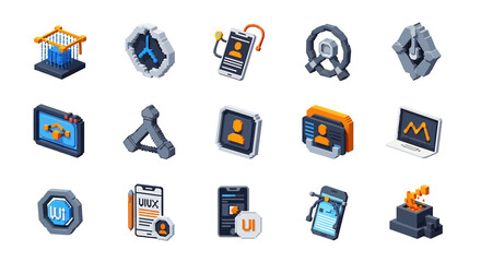 Fototapete - Vector Icons Set of Pixelated Technology Icons Representing Various Digital Concepts and Applications. Vector Illustrations