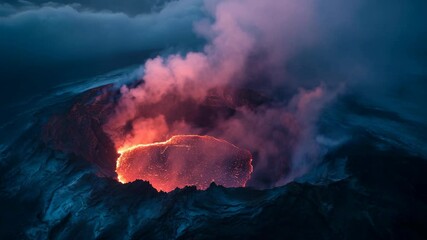 Wall Mural - volcano erupting at sunset with glowing lava and dramatic smoke plumes, a powerful display of raw na