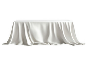 Elegant white silk fabric drape over table, cloth covering furniture, textile decoration, isolated mockup, presentation display isolated on transparent background