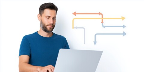 Fototapete - Young man with beard working on laptop, surrounded by colorful arrows indicating direction, representing decision-making and strategic planning in a modern workspace