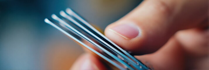Poster - Close-up View of Fingers Gripping a Bracket Card With a Side Blur, Showcasing Delicate Details and Tactile Interaction