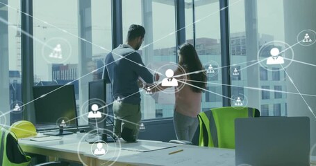 Poster - Office professionals discussing project by window sparking animated network nodes linking teams