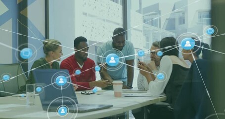 Poster - Pointing diagram and scrolling phone, business team analyzing documents with network animation