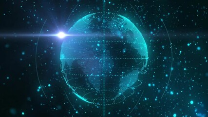Poster - Glowing point cloud globe appearing then rotating rightward with rings and particles for display