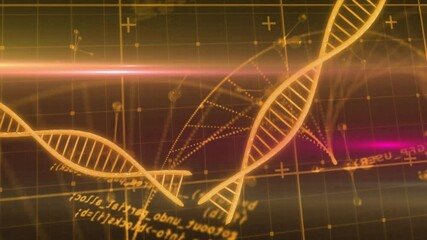 Poster - Magenta beam sweeping, golden 3D DNA helix emerging and shifting rightward to show data