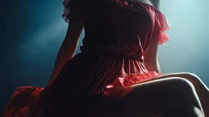 Poster - Cinematic lighting casting dramatic shadows across elegant woman wearing flowing red dress, creating powerful artistic portrait with graceful posing and sophisticated mood