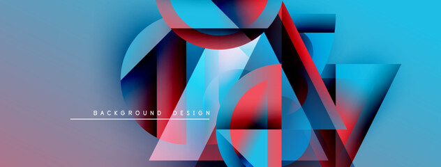 Poster - Abstract geometric shapes overlap, creating vibrant blue, purple gradients. Modern design elements suggest dynamic visual experience.