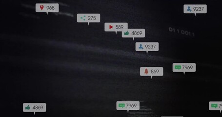 Poster - Glitchy backdrop initiating floating badge icons spawning and drifting while visualizing metrics