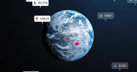 Poster - Chat bubble appearing above rotating 3D Earth and sparking global icons clustering rising metrics