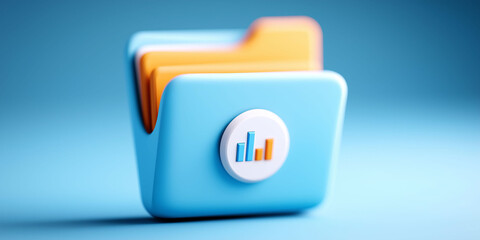Poster - A simple icon of an open file with a bar chart and graph inside, blue background, 3D rendering style, cartoon design, simple shapes, bright colors, minimalistic.