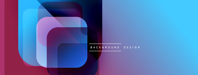 Poster - Abstract background features layered squares, vibrant blues, purples, pinks. Modern design with gradient effects, text reads background design.