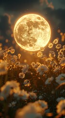 Canvas Print - full moon and flower field outdoor scenery illustration poster background