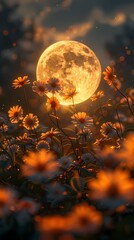 Canvas Print - full moon and flower field outdoor scenery illustration poster background