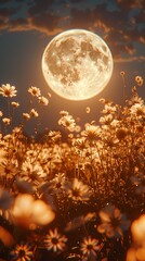 Canvas Print - full moon and flower field outdoor scenery illustration poster background