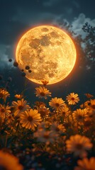 Canvas Print - full moon and flower field outdoor scenery illustration poster background