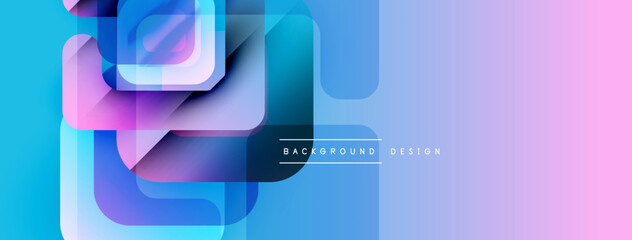 Poster - Abstract geometric shapes overlap, creating vibrant blue, pink gradients. Modern design feels dynamic, clean. Background suggests technology, innovation.