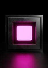Poster - Glowing Pink Square in Dark Frame - A vibrant pink square glows from within a dark, metallic frame, set against a black background. The light reflects subtly below